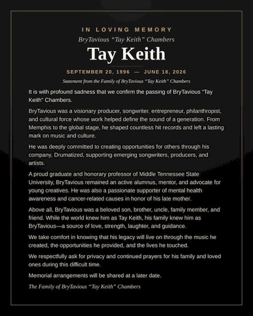 Statement from the Family of BryTavious  Tay Keith Chambers June 19, 2026